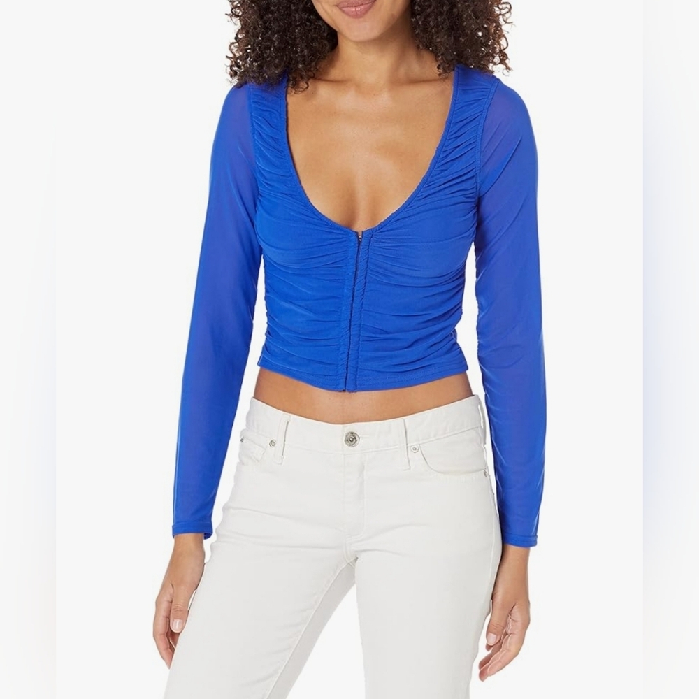 Steve Madden Women's Luna Crop Top Long Sleeve Shirt In Blue Size Medium